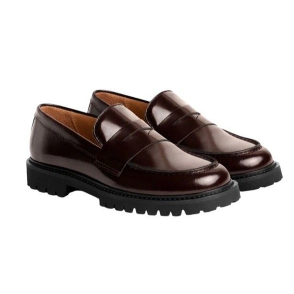 Thursday Womens 6 Lug sole Platform Penny Loafers Burgundy Patent Leather Y2K